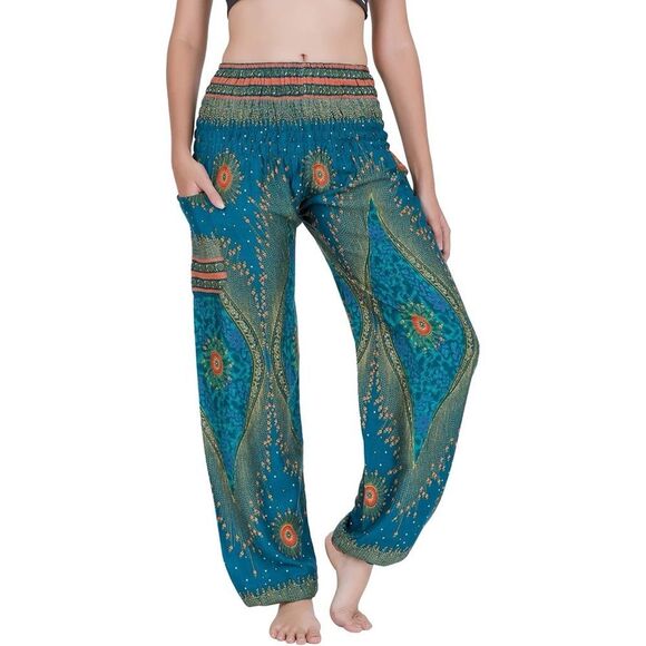 Banjamath Turquoise Floral Peacock Printed Harem Pants Sz M Yoga Boho Hippie - Picture 1 of 8